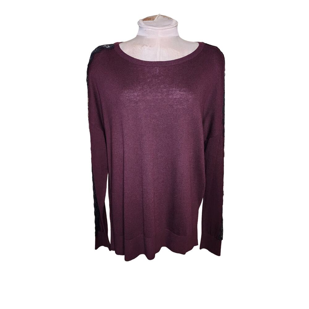 Loft Womens Burgundy Crew Neck Lace Long Sleeve Pullover Sweater Size L